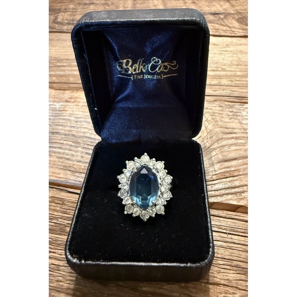 Vintage 18K HGE Topaz Color CZ Halo Cocktail Ring Princess Diana Sz 8.5